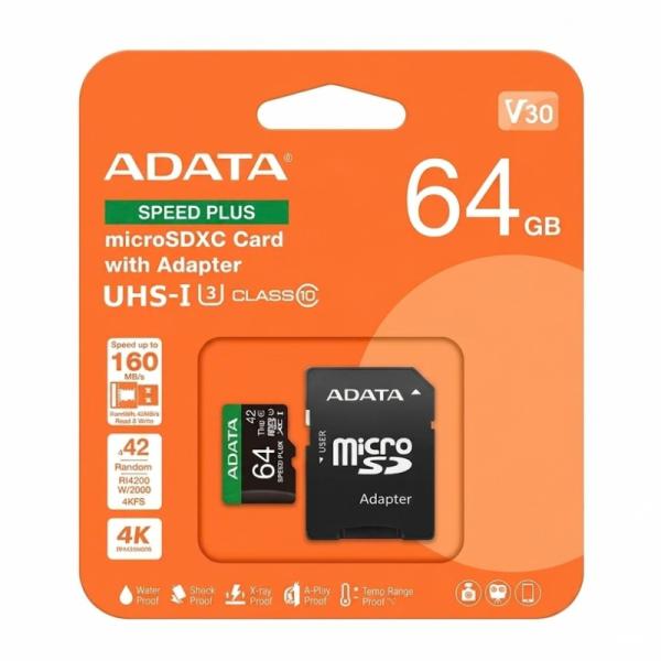 Tarjeta microSD ADATA 64 GB Speed Plus 180/160 MB/s con adaptador UD64GUI3V30A2SP-RA1