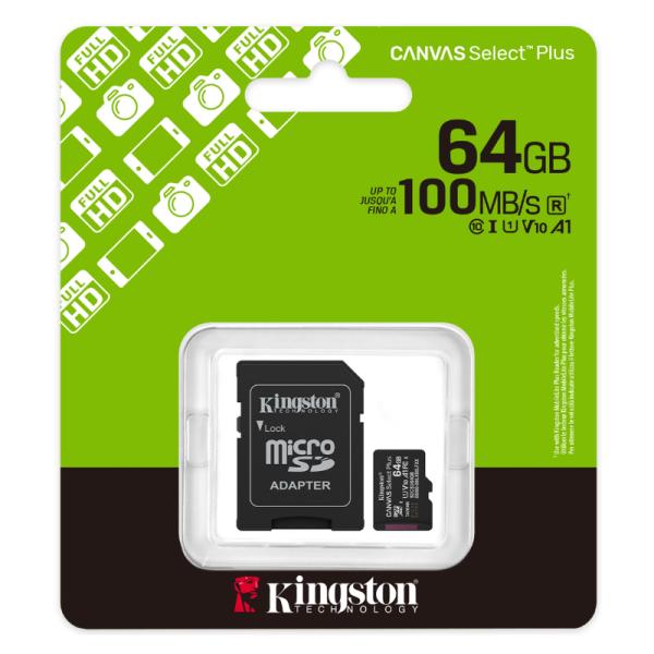 Tarjeta microSD Kingston 64 GB Clase 10 Uhs-i U1 100 MB/s para dispositivos y cámaras
