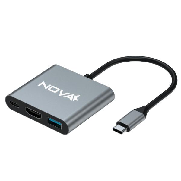 Hub NOVA AHU2S340001C 3 en 1 USB-C 1 puerto USB-C 1 puerto USB-A 3.0 y 1 puerto HDMI 4K